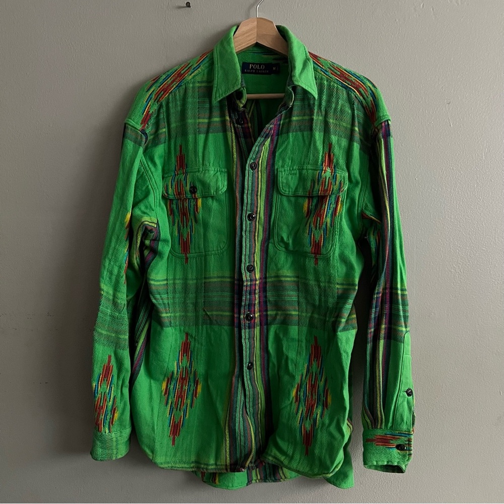 Polo Ralph Lauren Vintage Green Beacon Aztec Woven Button Down Cotton Shirt M